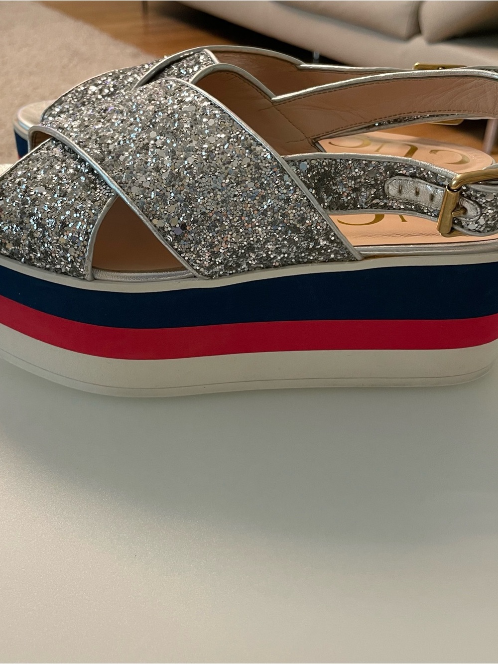 Gucci Silver Glitter Platform Sandals with Navy and Red Stripes